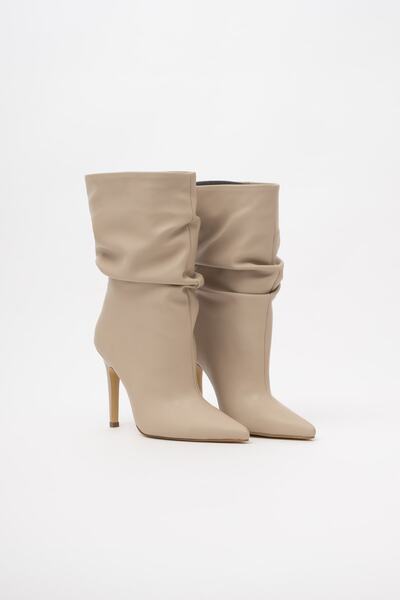 AYAKKABI PRENSİ Women's Beige Bellows Boots Skin Matte & Bootie, Heels