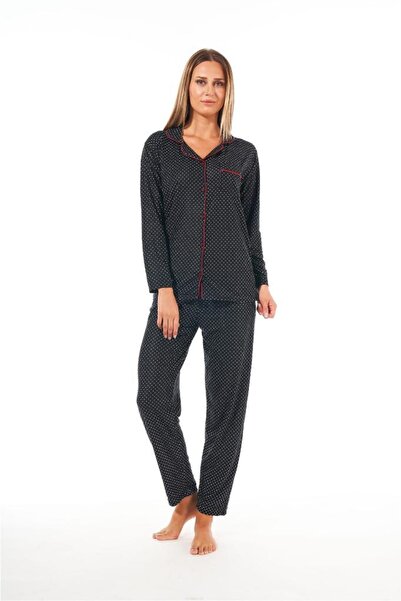 Estiva Puantiye Desen Boydan Düğmeli Süet Kadın Pijama Takım