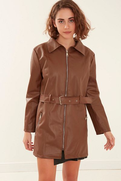 MEECY Damen-Manteljacke aus braunem Leder
