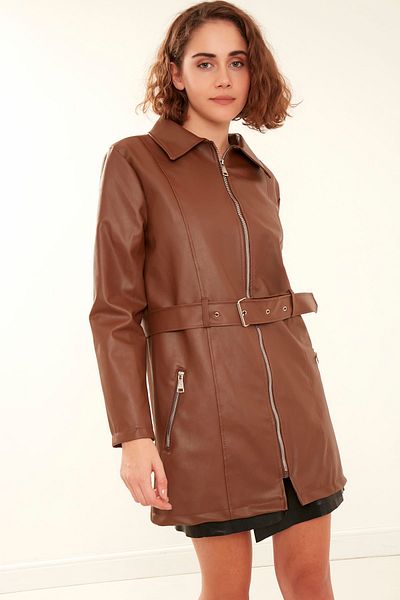 MEECY Damen-Manteljacke aus braunem Leder