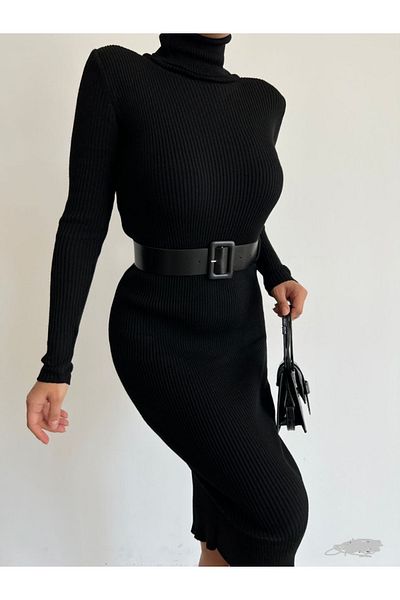 Secret Passion Lingerie Belt Detail Turtleneck Black Color Knitwear Midi Boy Evening Dress And Homecoming Dress 0167 712
