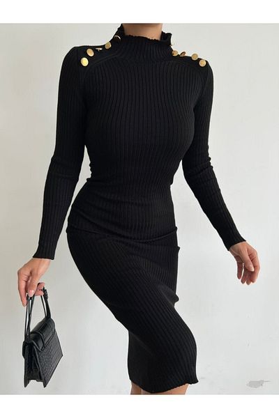 Secret Passion Lingerie New Season Button Detail Half Turtleneck Black Knitwear Midi Length Evening Dress and Graduation Dress 0107 711