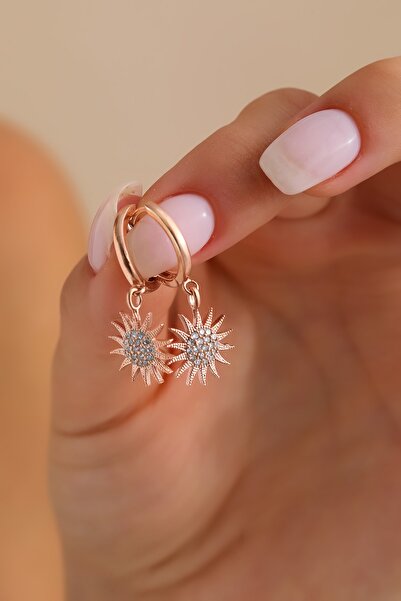 Bilsen Store Rose Kaplama Zirkon Beyaz Taşlı Güneş Modeli Küpe