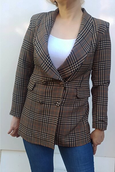 Hepsibitarz Kadın Kahverengi Ekose Blazer Ceket