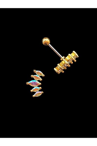 BK Design Cerrahi Çelik Piercing Tragus Helix Beş Renkli Taşlı Altın Sarı Ren...