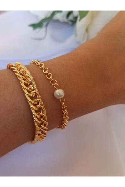 DENİZDENAL Gold Kaplama Bileklik Inci Kombin Seti