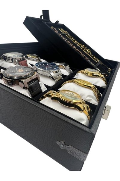 Generic Brand 9-Piece Watch Bracelet or Prayer Beads Jewelry Box with Decorative Corner Protection Black/White