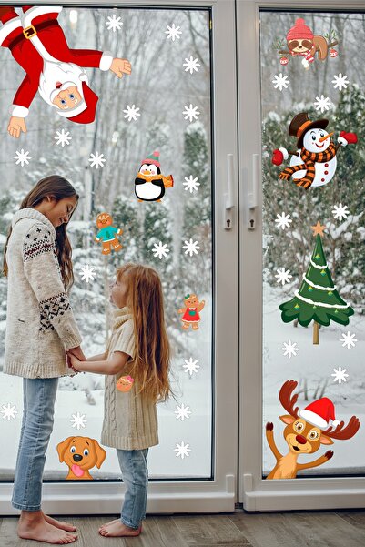 Echo Home Yılbaşı Sticker Noel Baba Yılbaşı Ağacı Penguen Ve Kar Taneleri Temalı