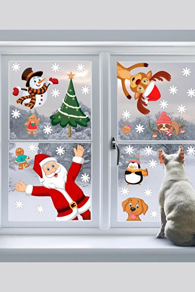 Echo Home Yılbaşı Sticker Noel Baba Yılbaşı Ağacı Penguen Ve Kar Taneleri Temalı