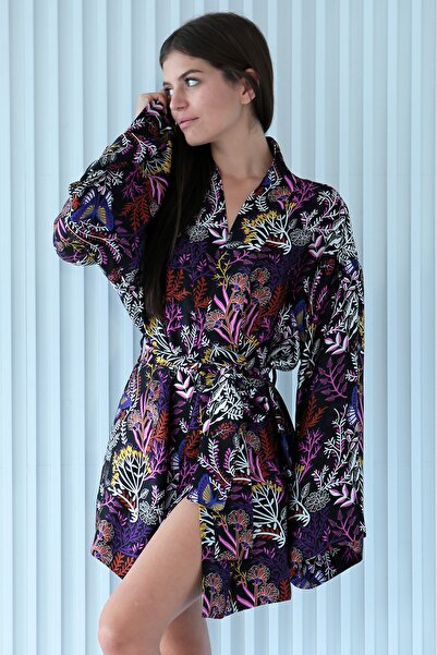 ROSILY %100 Ipek Siyah Desenli Kısa Kimono / Sabahlık