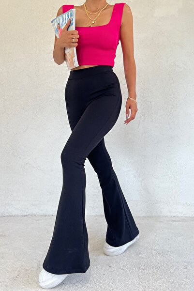 VOSSAX Women's Black Corded Flare Leg High Waist Lifting Trousers Leggings