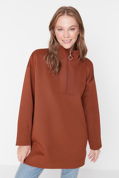 Trendyol Modest Übergroßes, braunes Scuba-Sweatshirt – Reißverschlussdetails, Taucherkragen TCTAW23TW00198