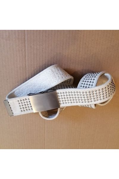 Butik Tülin Unisex Cotton White Silver Fastening Rivet Decorated Dark Metallic Pinch Buckle Belt