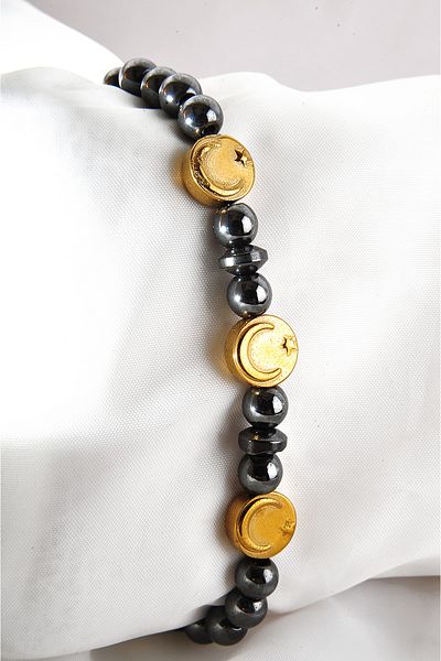 EUROMODA Unisex Stone Beaded Bracelet with Crescent Star, Gold and Smoked Stones