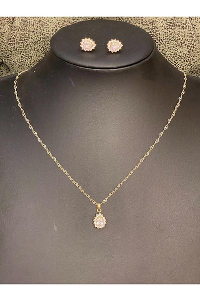 Gönülden Tasarım Zircon Stone Design Drop Necklace Earring Set