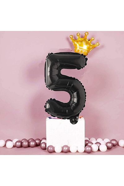 Patladı Gitti 5 Five Black Foil and King Crown Party Celebration Set
