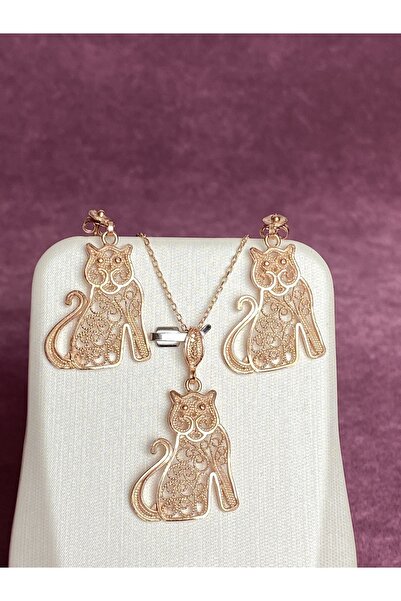 BEY SİLVER 925 Ayar Gümüş Telkari Kedi Figürlü Set