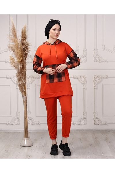 CNG MODA Women's Sleeve Plaid Hooded Tracksuit Set
