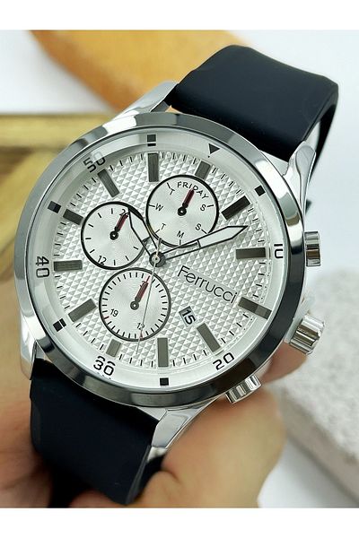 Ferrucci Black Color 3 Atm Waterproof Silicone Cord Men's Wrist Watch with Calendar