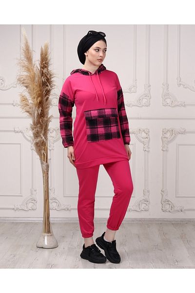 CNG MODA Women's Sleeve Plaid Hooded Tracksuit Set