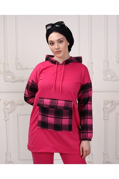 CNG MODA Women's Sleeve Plaid Hooded Tracksuit Set