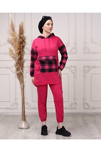 CNG MODA Women's Sleeve Plaid Hooded Tracksuit Set