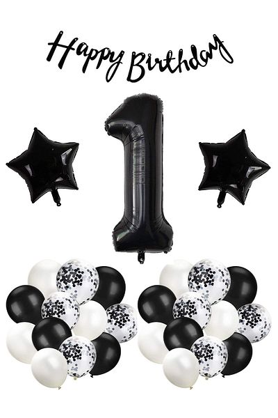 Patladı Gitti Σετ γιορτής γενεθλίων Black Concept 1 Year Old; Μαύρο μπαλόνι καραμέλας, φύλλο αστεριών αριθμών και πανό