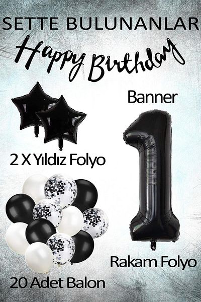 Patladı Gitti Σετ γιορτής γενεθλίων Black Concept 1 Year Old; Μαύρο μπαλόνι καραμέλας, φύλλο αστεριών αριθμών και πανό