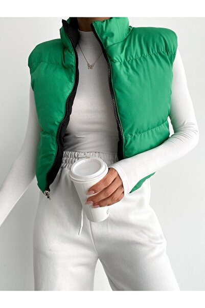 ladyzey Women's Green Black Double Sided Drawstrable Short Puffer Vest