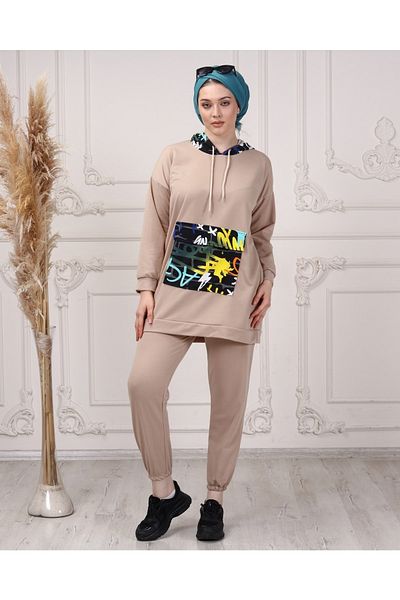 CNG MODA Women's Printed Hooded Stylish Color Detailed Tracksuit Set