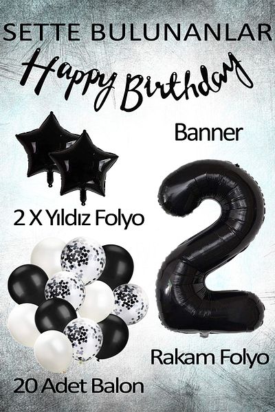 Patladı Gitti Black Concept Celebration Set για γενέθλια 2 ετών - Λευκό μαύρο μπαλόνι με καραμέλα, φύλλο αστεριών αριθμών και μπανάνα