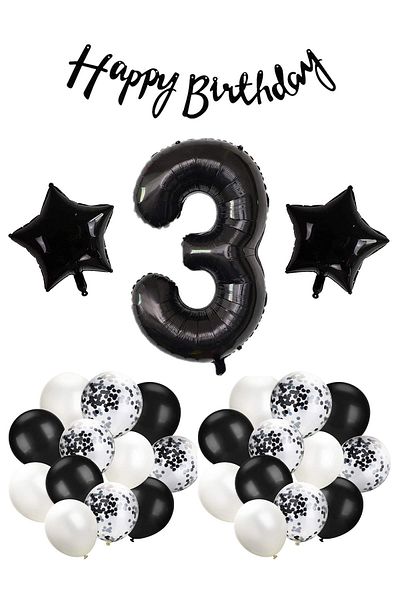 Patladı Gitti 3 Years Birthday Celebration Set - Black Concept, White Black Balloon, Number Star Foil and Bann
