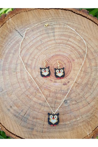 SEARD Miyuki Bead Handmade Black Owl Necklace and Earring Set