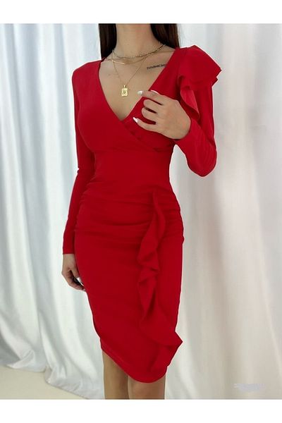 Secret Passion Lingerie New Season Ruffle Detailed Crepe Fabric Red Evening Dress and Graduation Dress 710 581919