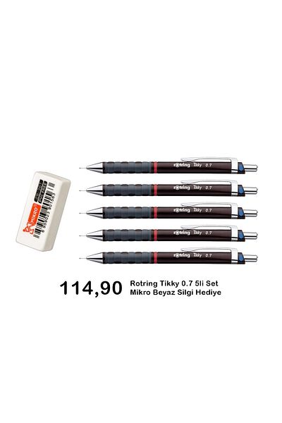 Rotring Tikky 0.7 Mm Claret Red Set of 5 Erasers with Gift