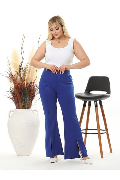 LİKRA Women's Large Size Front Slit Flare Leg Flexible Steel Interlock Trousers