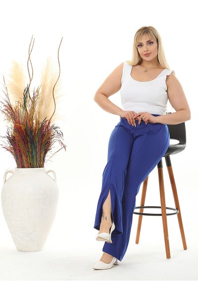 LİKRA Women's Large Size Front Slit Flare Leg Flexible Steel Interlock Trousers