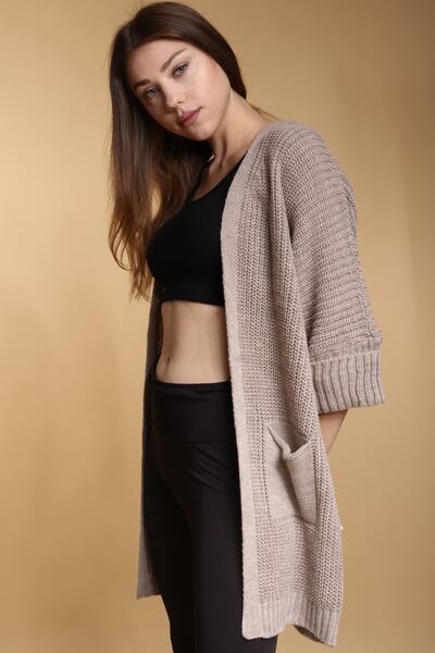 Devinka Oversize γυναικεία πλεκτή ζακέτα σε καφέ μακριά τσέπη