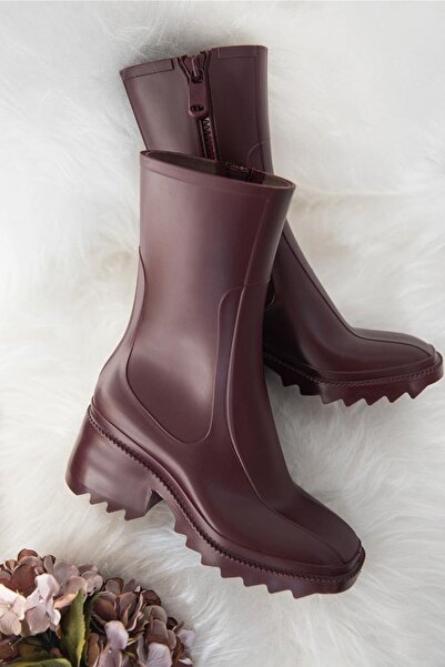 wolk shoes Charming Bordo Mat Plastik Su Geçirmez Fermuar Detaylı Kadın Bot