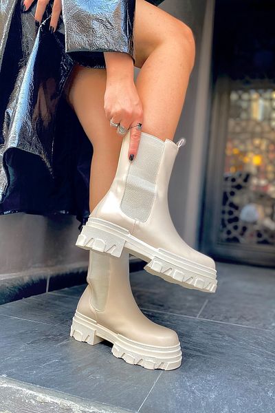 SHOEBELLAS Romalda Nude Δερμάτινες Ελαστικές Γυναικείες Μπότες