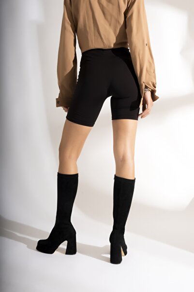 AYAKKABI PRENSİ Salient Streç Siyah Suet 10 Cm Kadın Çizme, Topuklu Çizme