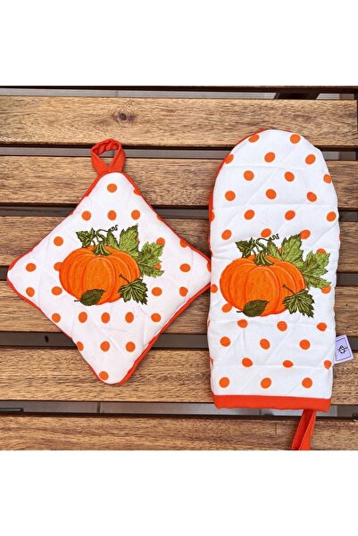 Çengelli İğne Pumpkin Patterned Oven Gloves & Holder 2-Piece Combination