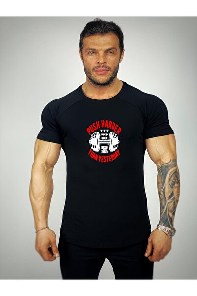 Black İstanbul Push Harder Printed Fitness T-shirt