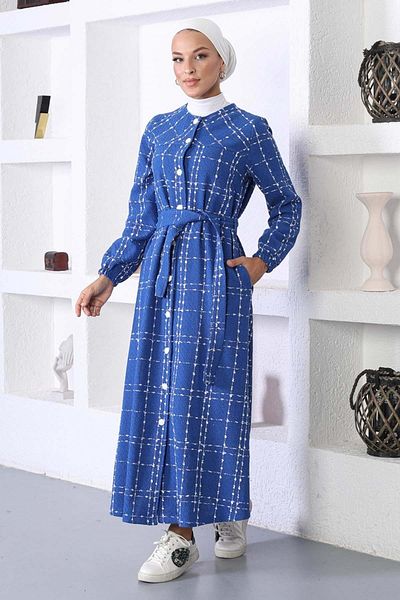 Modamihram Blue Stamp Coat - Buttoned, MİH10295