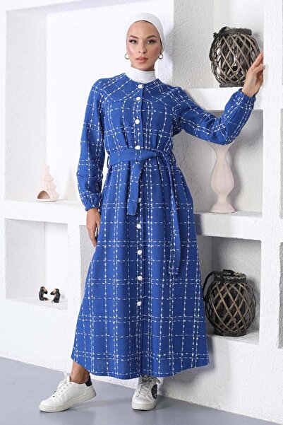 Modamihram Blauer Stempelmantel - geknöpft, MİH10295