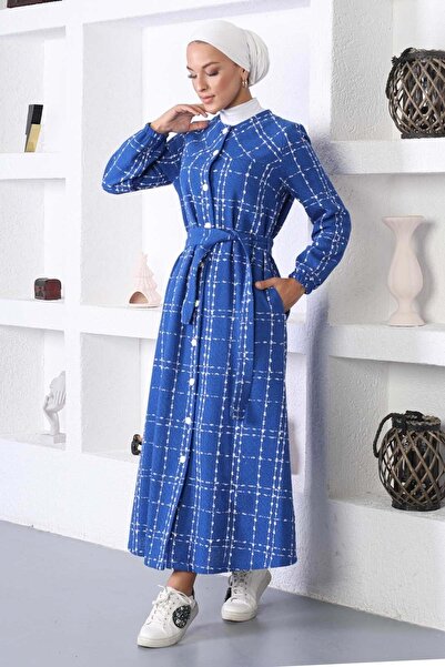 Modamihram Blauer Stempelmantel - geknöpft, MİH10295