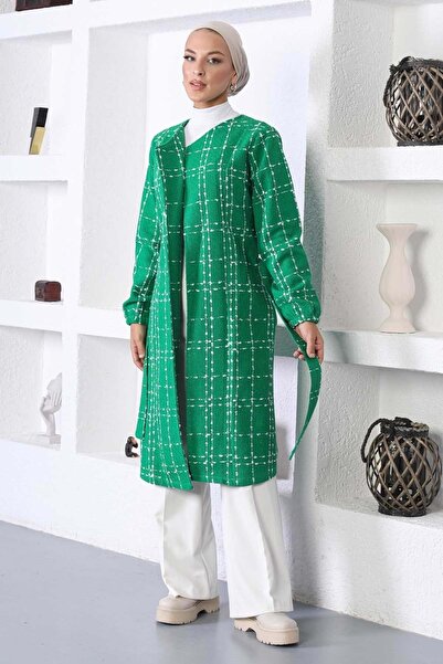 Modamihram Kemerli Kaşe Kaban Yeşil