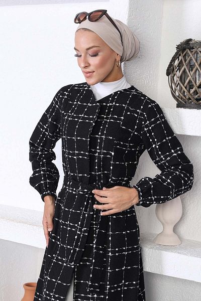 Modamihram Black Stamp Coat - Belted, MİH10768