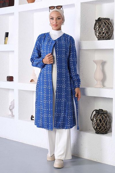 Modamihram Blue Stamp Coat - Belted, MİH10768