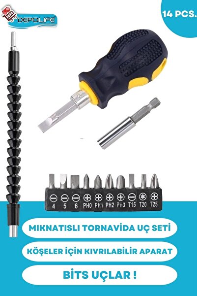Depolife Tornavida Uç Seti Mıknatıslı Uzatma Köşe Kör Vidalama Esnek Hortum Altıgen Bits Körüklü Bükülebilir